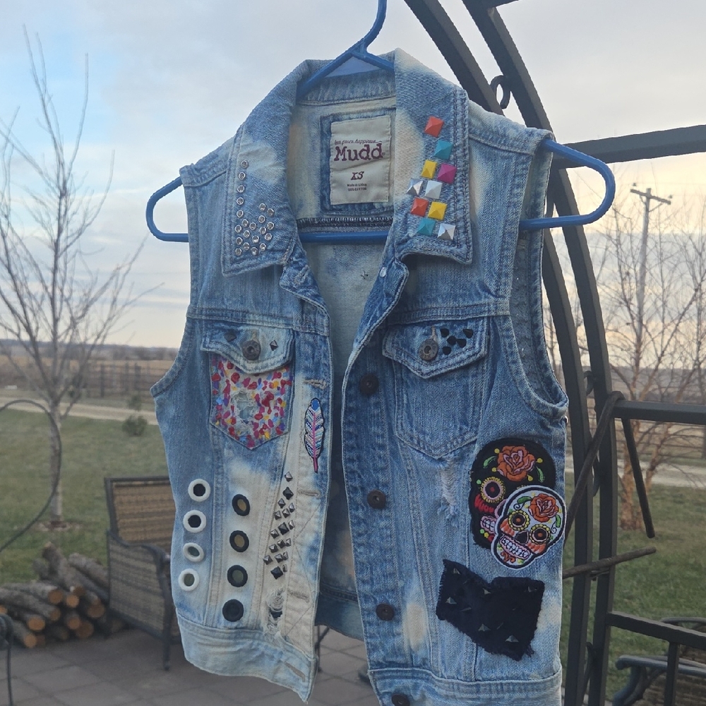 Mudd Blue Denim Vest with Colorful Embellishments that I added myself!!👾💝😻